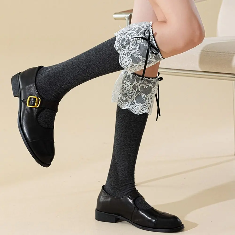 

New Lace Ruffle Long Socks College Style Ribbon Bow Stockings Kawaii Warm Socks Women
