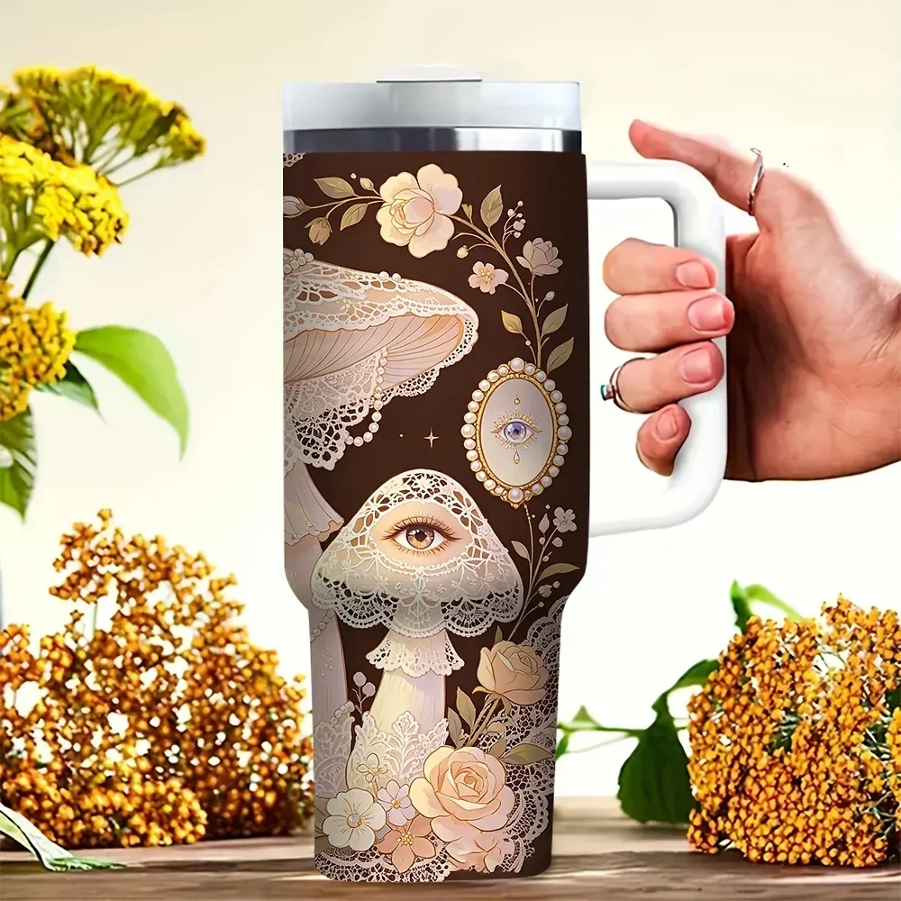 Vintage Lace Mushroom Floral Eye Print 40oz Tumbler with Handle, Suitable for Women And Girls, Fits All Seasons, Ideal for Outdoor Travel And Daily Use, Works for Both Hot And Cold Drinks