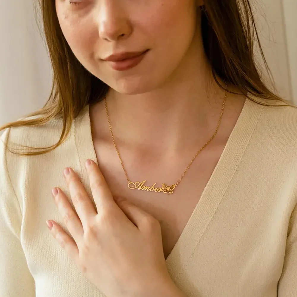Personalized Butterfly Name Necklace Custom Birth Butterfly Stainless Steel Charm 18K Gold Women's Dainty Jewelry Birthday Gift