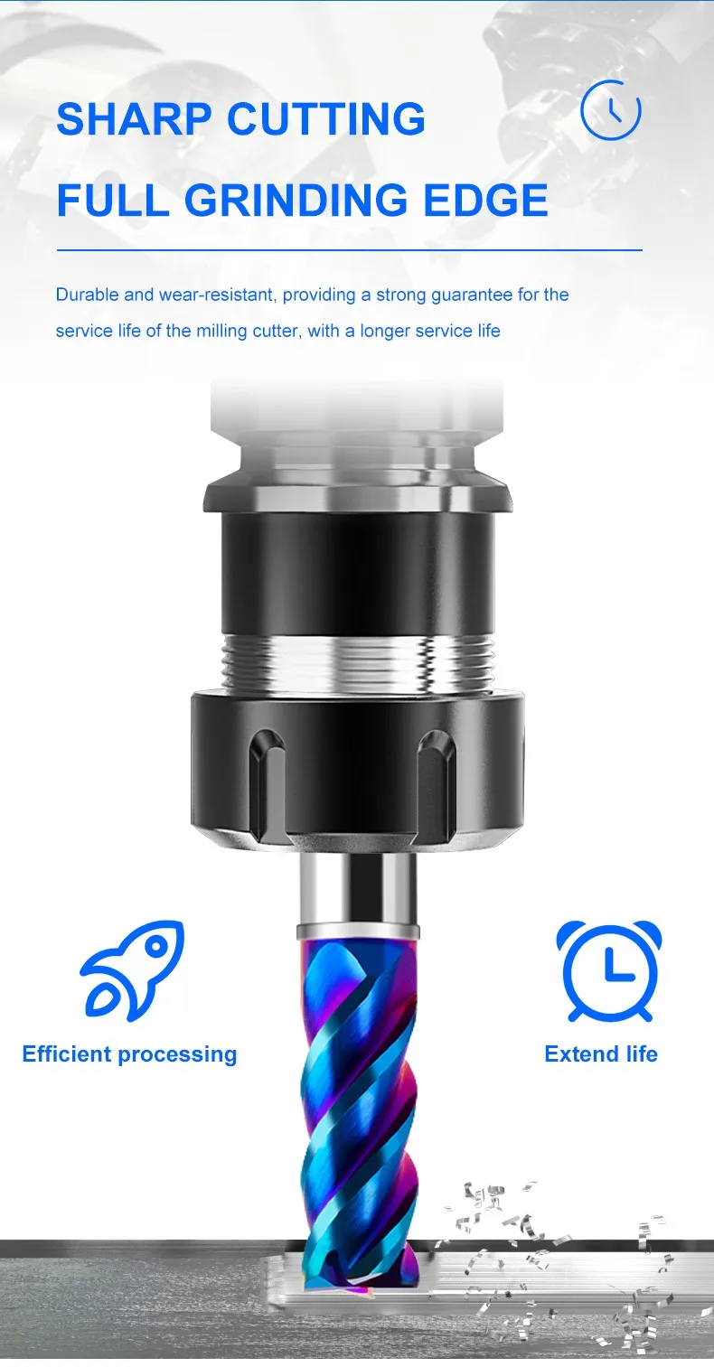 AZZKOR TGA-HRC75 4-Schneiden-Flachfräser mit blauer Nano-Beschichtung, Hartmetall-CNC-Mechanikzentrum-Endfräswerkzeug – Detail 7