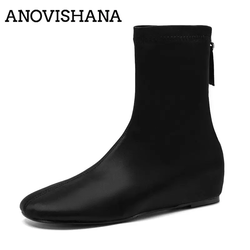 ANOVISHANA 2026 New Women Stretch Boots Round Toe 3.5cm Increased Heel Zipper Small Big Size 33 41 42 43 Leisure Mid Calf Botas