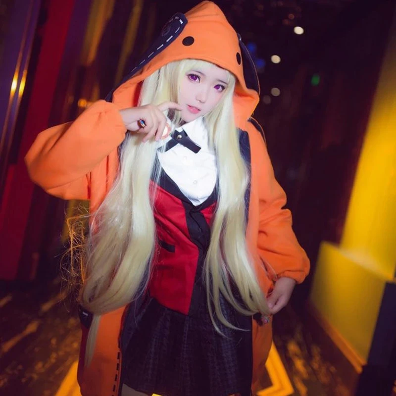 Yomozuki Runa ชุดคอสเพลย์ผู้หญิงอะนิเมะ Kakegurui Cosplay วิกผมและสีส้ม Hooded แจ็คเก็ตโรงเรียน Uniform เครื่องแต่งกายวันฮาโลวีนสำหรับสตรี