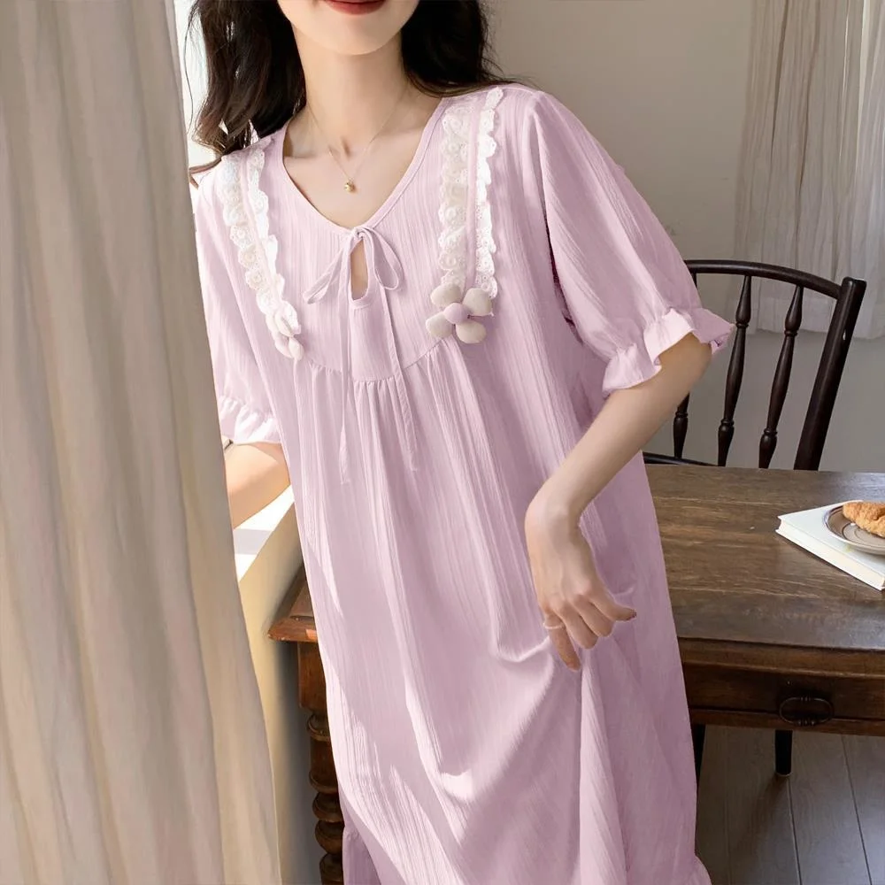 Camisón de encaje de algodón para mujer, ropa de dormir de media manga, dulce princesa Floral, largo, vestido de noche, pijamas, prendas de vestir