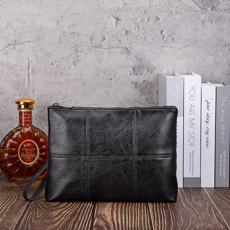 

Black retro men's fashion large capacity casual PU leather clutch bag