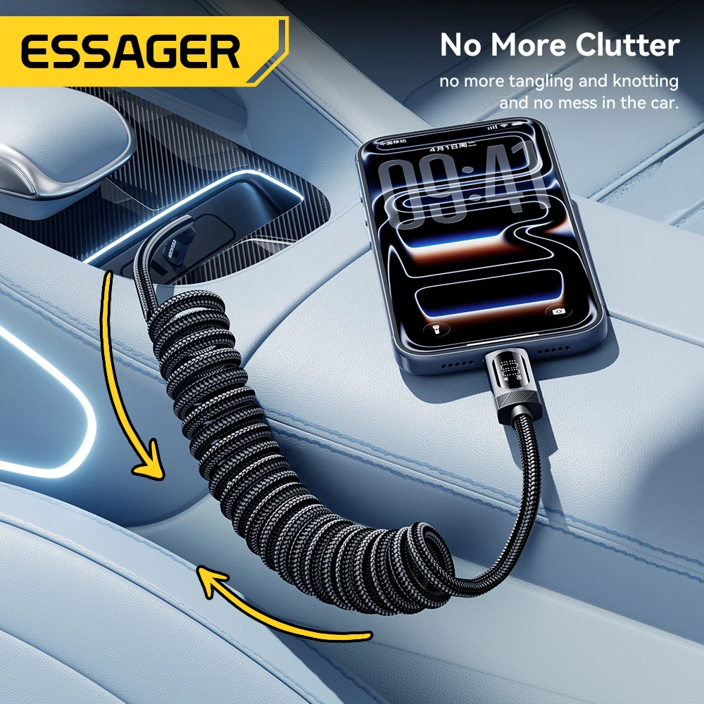 Essager 100W Car Spring Type C Cable Fast Charging for iPhone 17/16/15 pro Xiaomi Samsung MacBook iPad - Durable Charging Cable