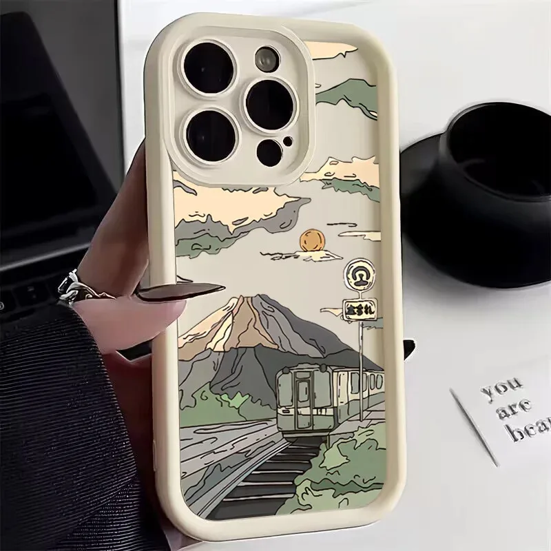 Landscape Mountain Train Silicon Phone Case For iphone 15 14 13 12 11 Pro Max 7 8 Plus XR XS SE X Candy Lens Protectiou cover