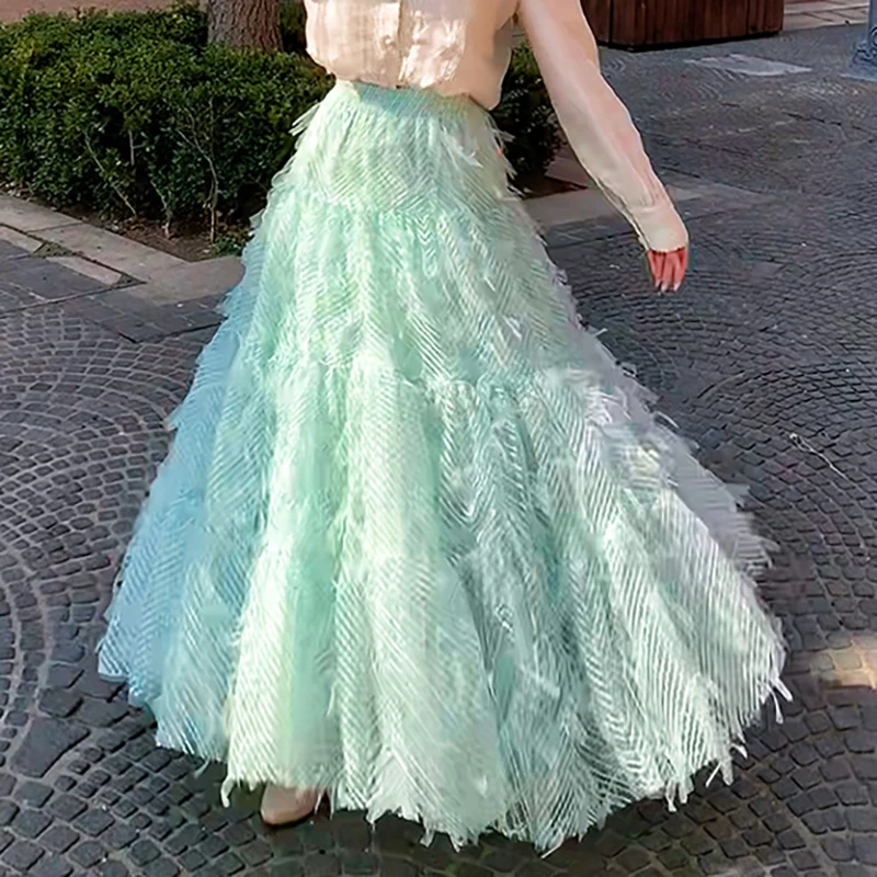 2025 Plus Size Evening Party Fluffy Sequin Female Skirt Travel Fairy Tassel mesh shiny Maxi Skirts Womens for Summer Spring