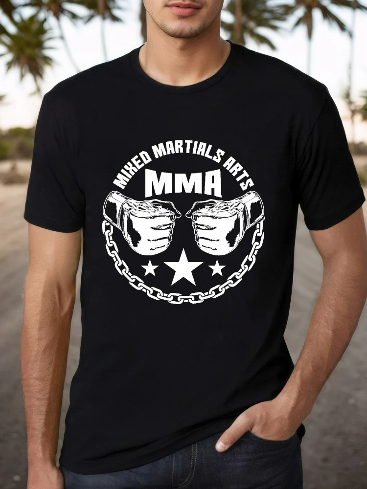 

Men's MMA style cotton round neck short sleeve printed T-shirt-with geometric patterns, casual and comfortable.