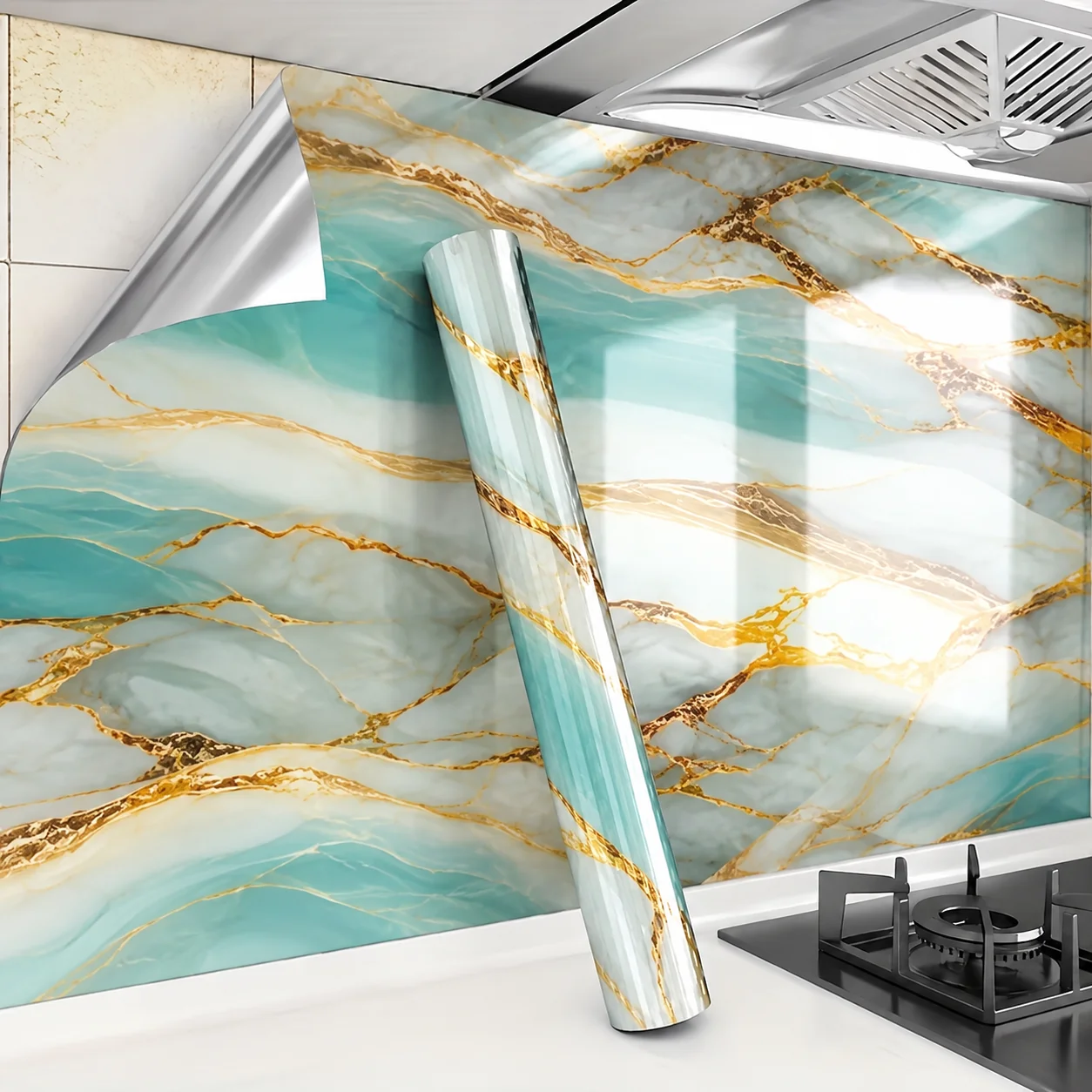 Marble-Patterned Kitchen Splashback Stickers Simply Peel And Stick Suitable For Stovetop Tabletop And Furniture Decoration.