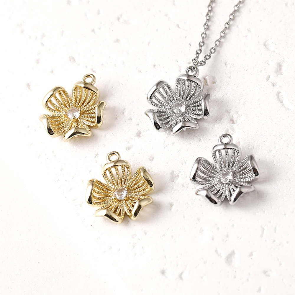 2 Pieces Brass Plated with 14k Gold Zircon Inlaid Rolled Edge Flower Pendant DIY Jewelry Making Necklace Bracelet Accessories