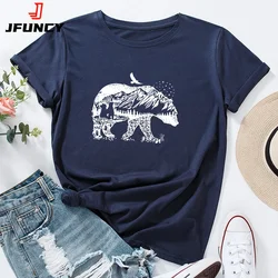 T-shirt manches courtes femme, estival et décontracté, 100% coton, avec ours imprimé