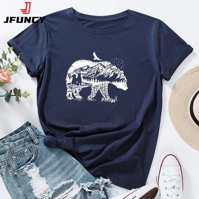 Bluzka z bawełny T-Shirt damski nadruk niedźwiedzia krótki rękaw bluzki damskie w stylu Casual, letnia koszulki z nadrukami koszulka damska