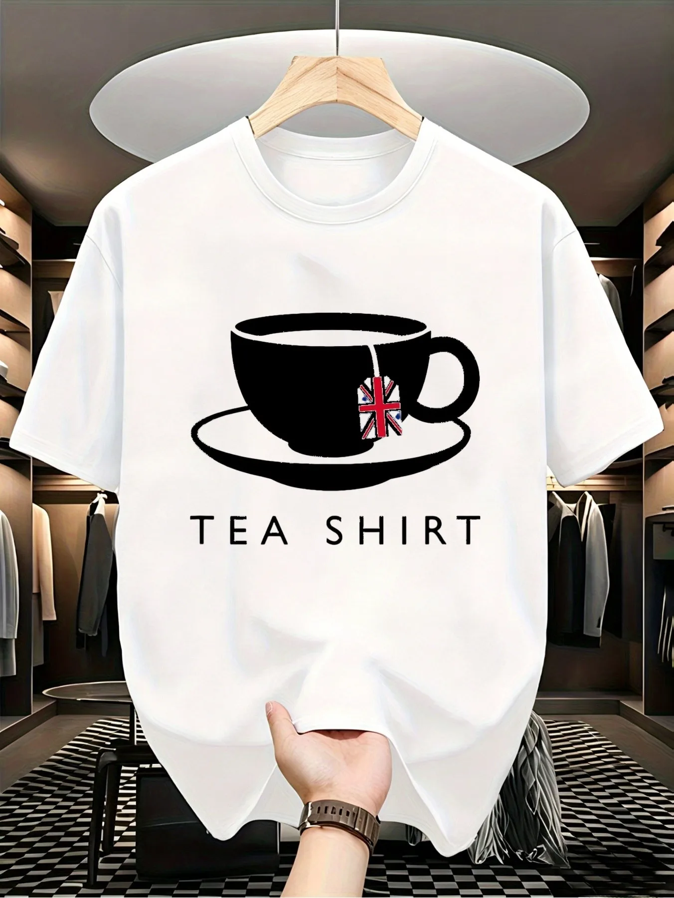 British Tea Lovers -Shirt - UK Flag in Teacup Design with TEA SHIRT Print, Loose Fit Casual Round Neck Black Shirt, Machine Washable Novelty Souvenir Gift Suitable for Casual Wear & British-Themed Apparel