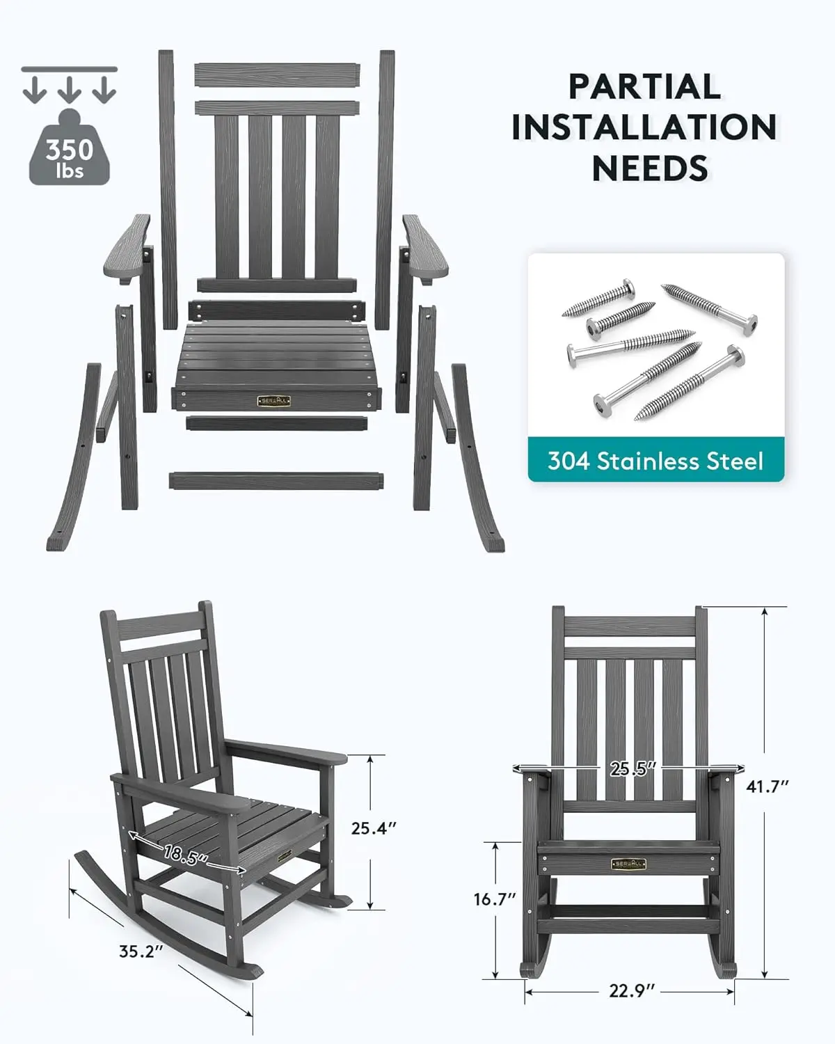 Conjunto de 2 cadeiras de balanço externas SERWALL, cadeiras de balanço HDPE para adultos, balanços de varanda para todos os climas para jardim de gramado, cinza