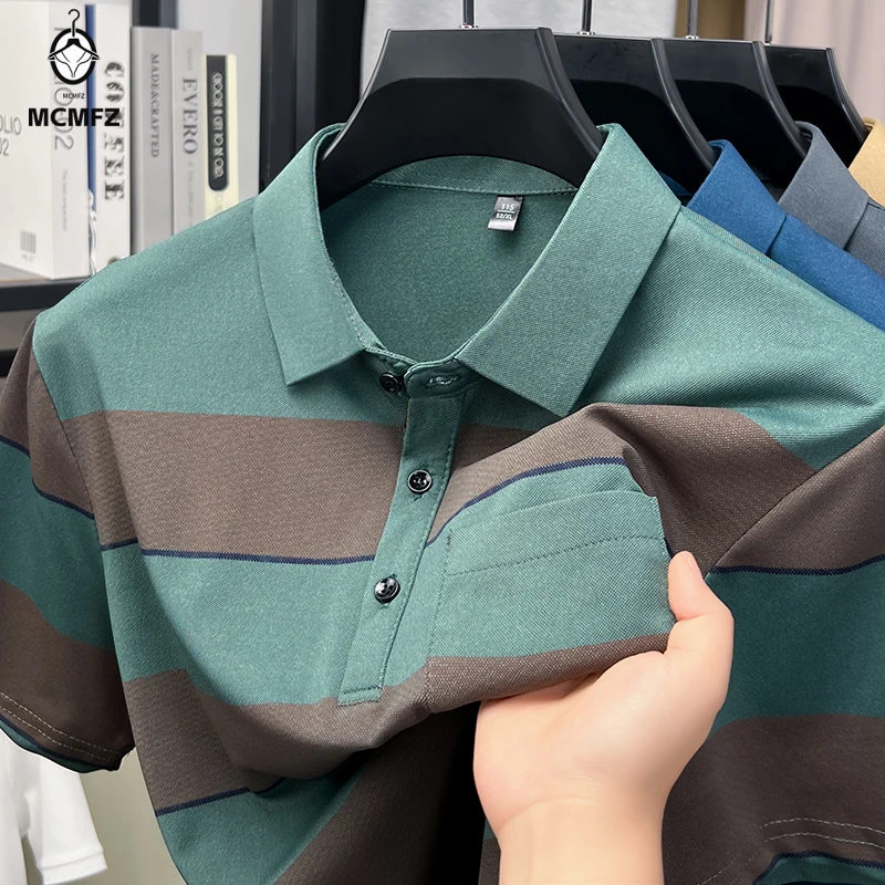 Wrinkle Resistant Lapel Polo Tee for Men Thick Block Horizontal Stripe Chest Pocket Soft Stretch Mesh Travel Office Daily Top