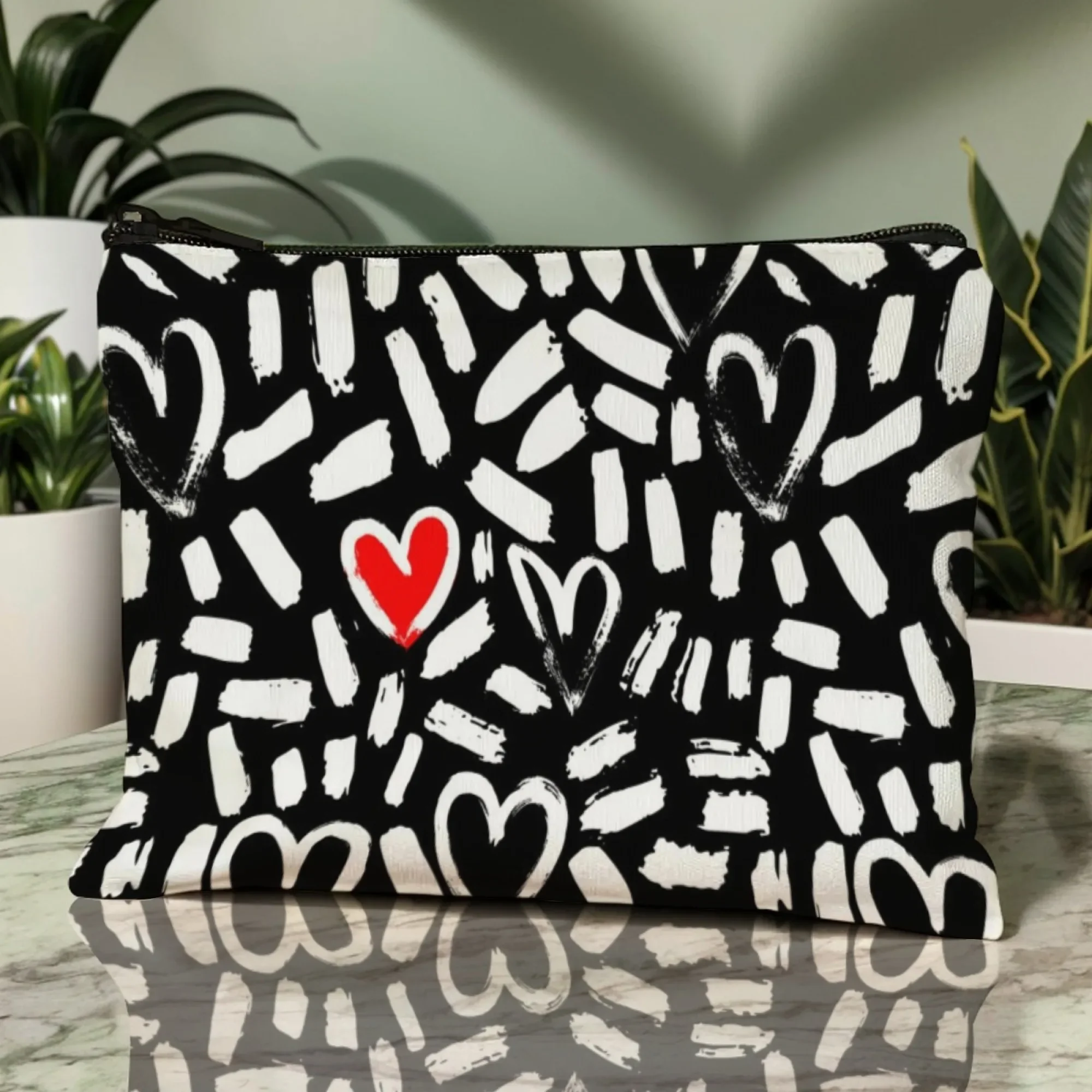 Red Heart Graffiti Cosmetic Bag Black & White Doodle Hearts with Red Accent Edgy Trendy Fashion Organizer Pouch for Art Lovers