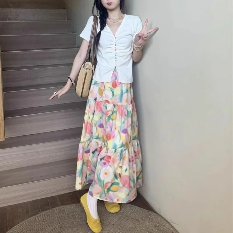 Floral Cake Hawaiian Skirt Oil Painting Style Spring and Summer A-line Skirt Tulle Skirt Korean Streetwear Y2k Long Skirts Women