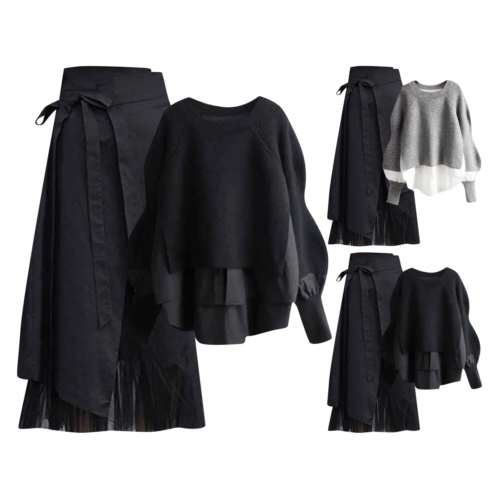 2024 Autumn New Dress Matching Set Women's Fashion Loose Long Sleeved Solid Shirt+high Waist Midi Skirt Two Piece Female Suit