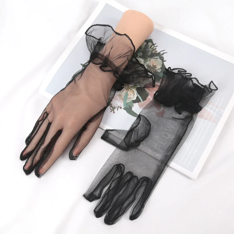 New Sexy Transparent Lace Black White Gloves Solid Color Fashion Women Drive Short Tulle Gloves Mesh Stretchy Wedding Mittens