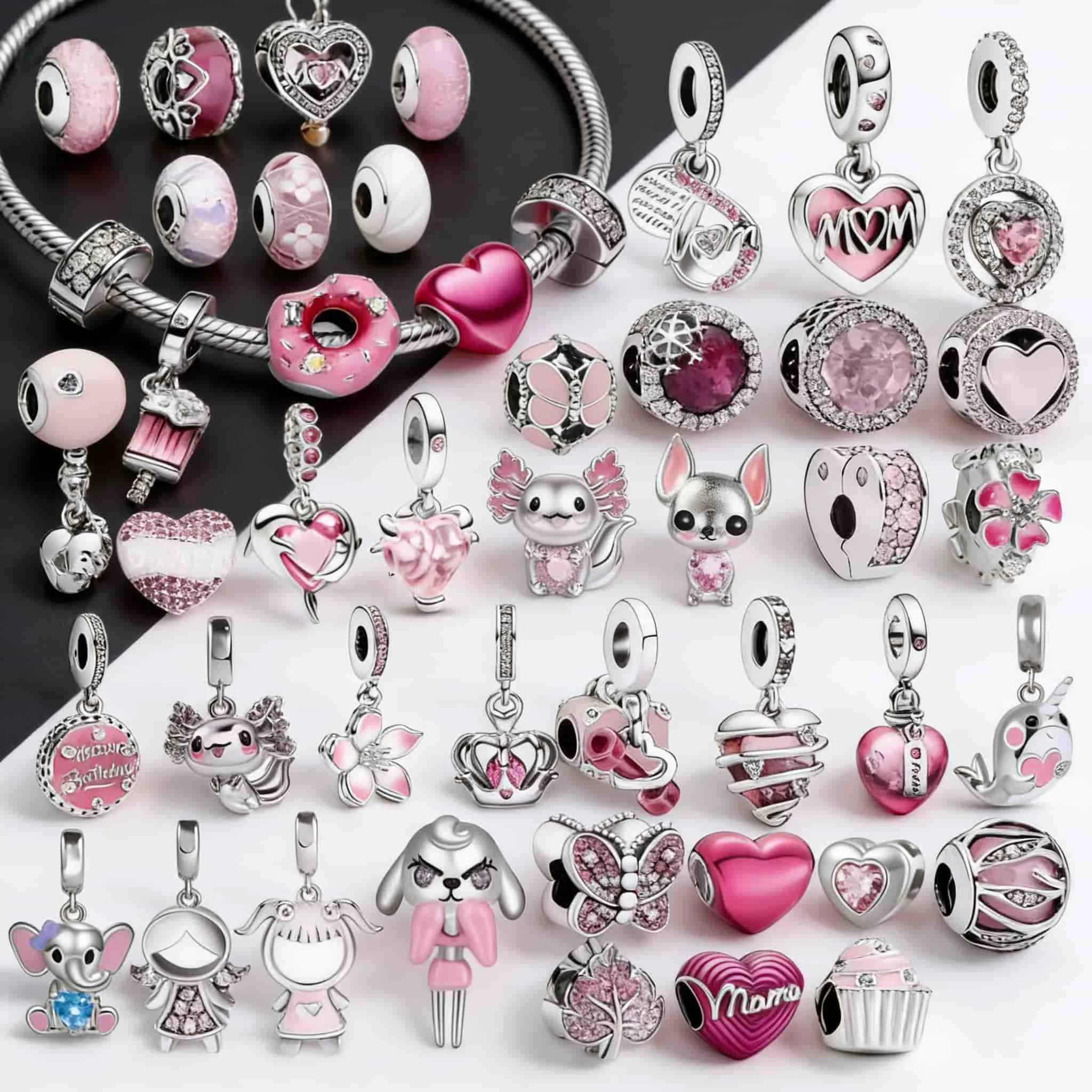 

New 925 Sterling Silver Pink Charms Fit Original Europeans Bracelet Heart Donut Dog Raccoon Mom DIY Jewelry Gift for Women