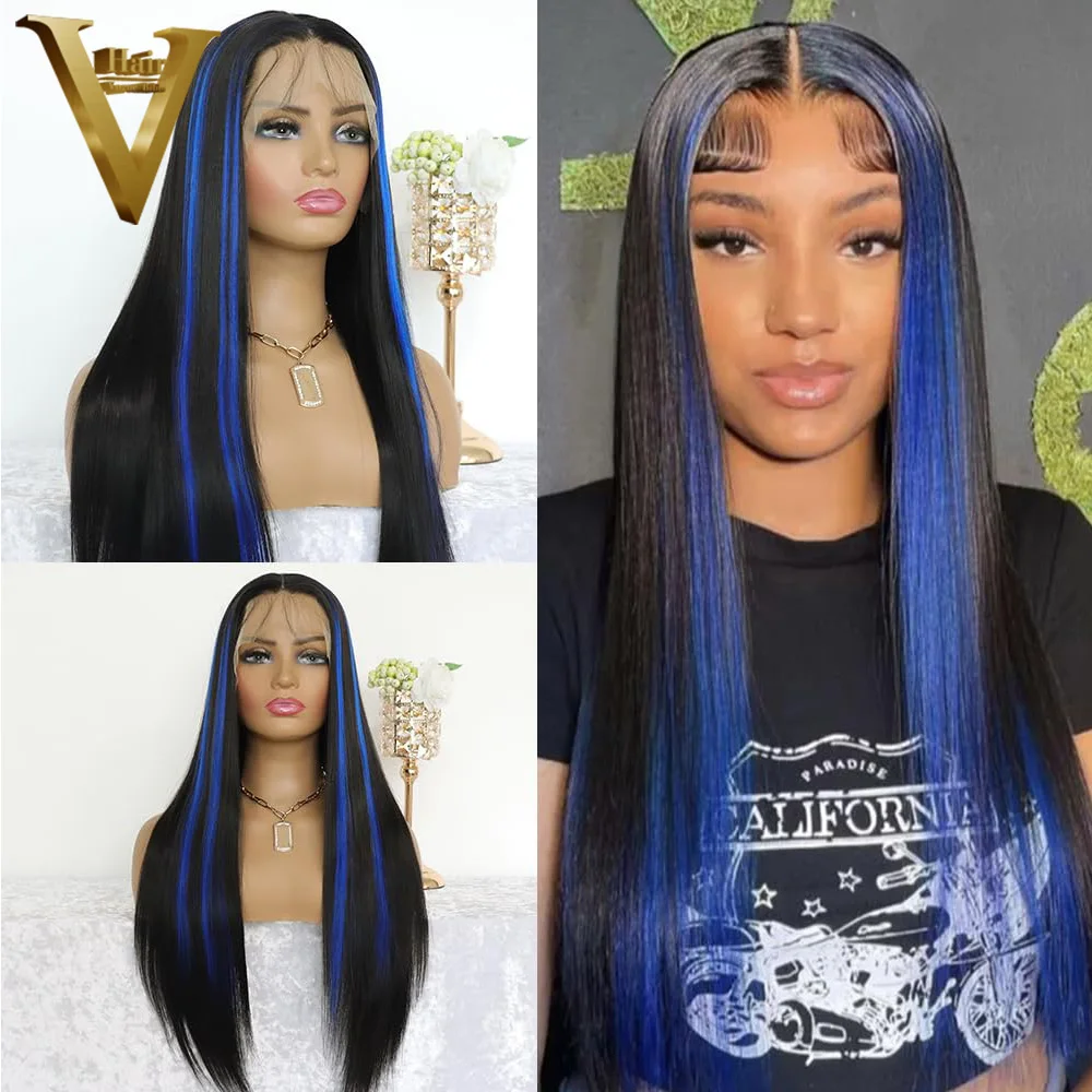 Preplucked Black With Blue Highlight HD Transparent Lace Frontal Wig 13×4 13×6 Brazilian Virgin Remy Human Hair Wigs For Women