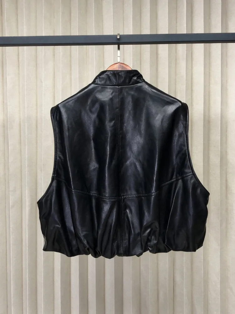 New Fashion Women Loose Fit Sheepskin Genuine Leather Vest Stand Collar Zipper Short Style Waistcoat Sleeveless Jacket Outerwear
