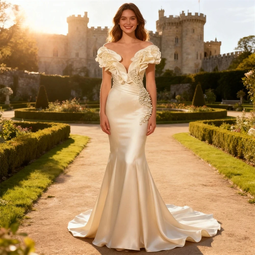 Customized Fashion Off The Shoulder Mermaid Wedding Dresses Sexy Sleeveless Rhinestones Tulle Open Back Floor Length Bridal Gown