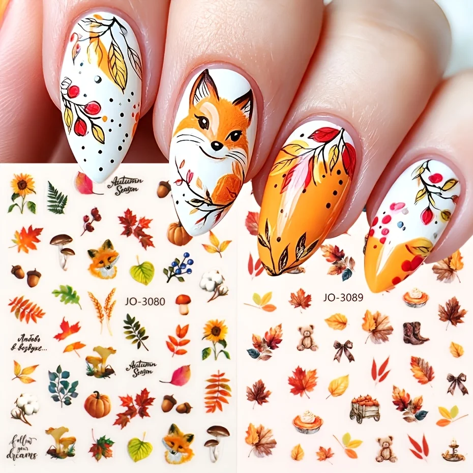 2-Piece Set of Autumn Leaf Fox Nail Stickers, Watercolor Maple Leaf Pumpkin Nail Decals, Vintage Autumn Mushroom Bear Bow Boots Forest Leaf Letter Nail Stickers, Nail DIY Nail Salon Decoration Supplies