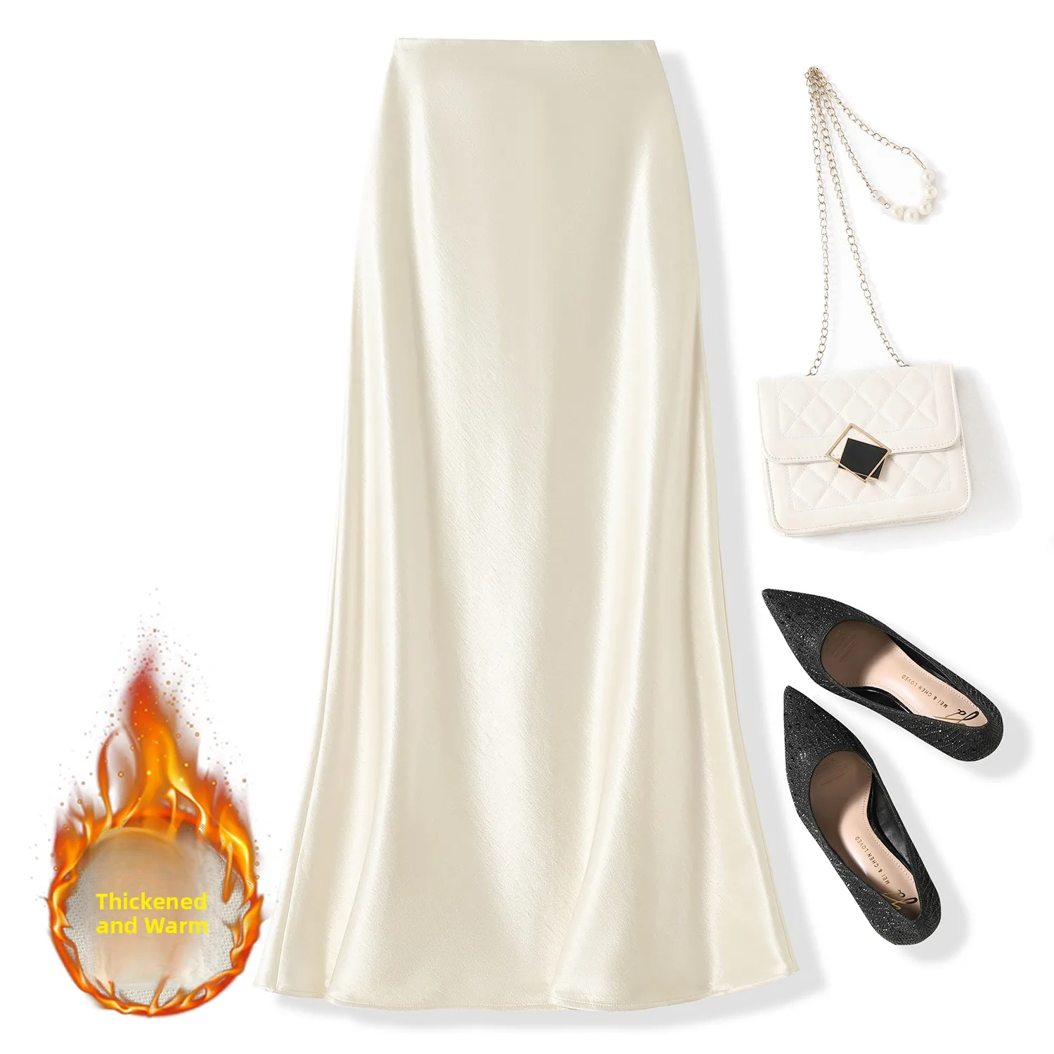 High Waist Thickened Fleece Fish Tail Satin Long Skirt Women's Autumn Winter Slimming Chinese Style A-Line Skirt Commute Wear