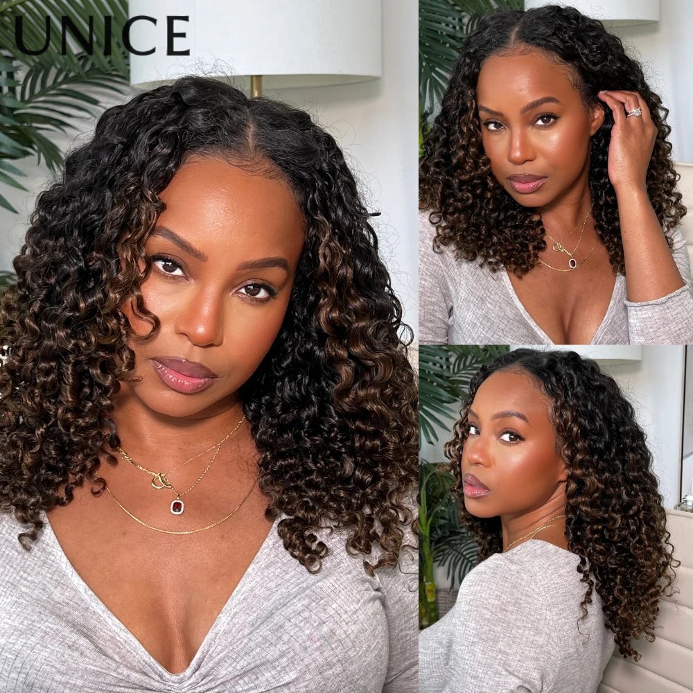 UNice Chesnut Brown Ombre Curly V Part Wig With Drawstring 100% Human Hair Wigs No Glue Fit For All Head Sizes 150% Density