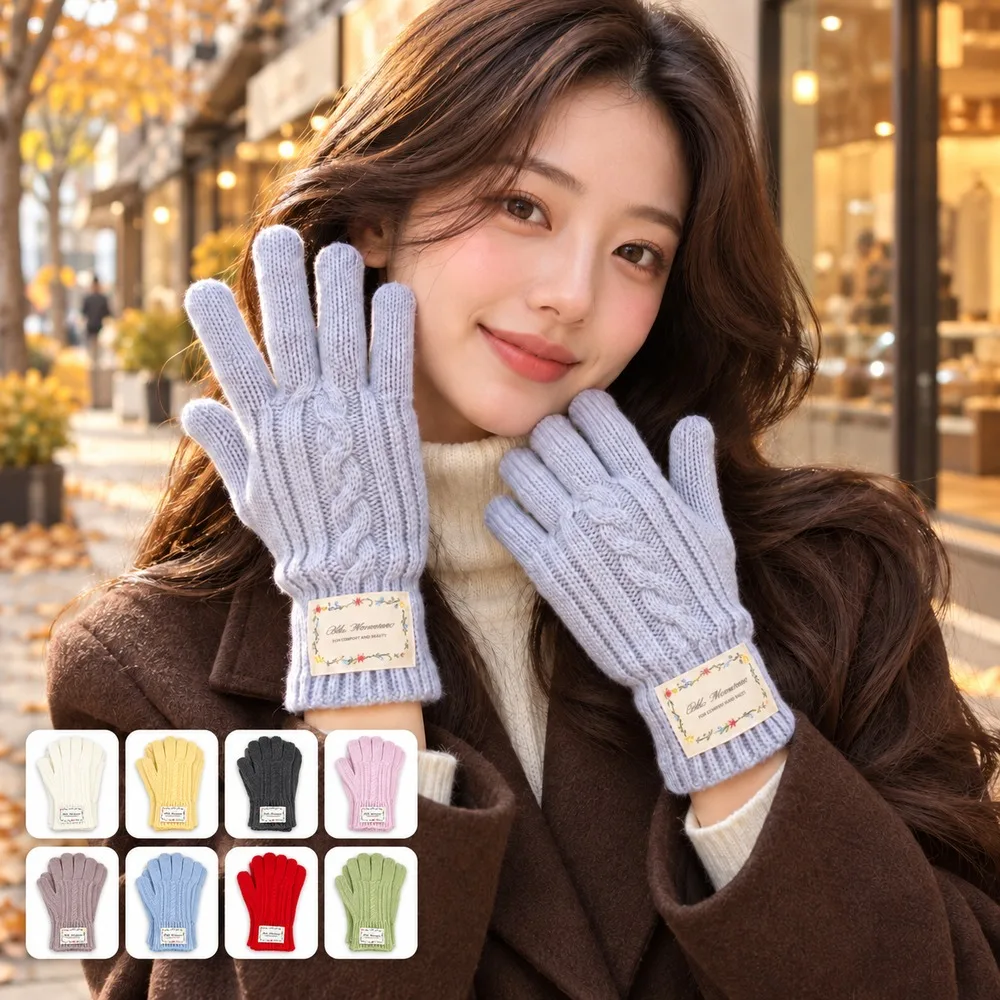 Women's Cable Knit Gloves Long Ribbed Cuff Full Finger Gloves Solid Color Autumn Winter Casual Handwear