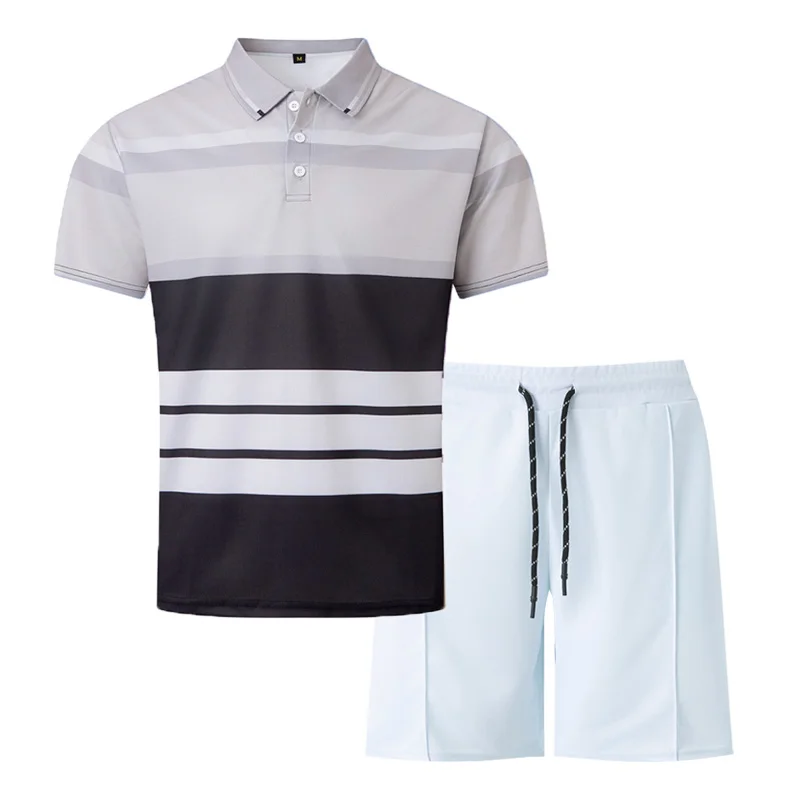 Summer men's set short sleeved+shorts comfortable lapel T-shirt business casual polo shirt+drawstring shorts summer fashion.