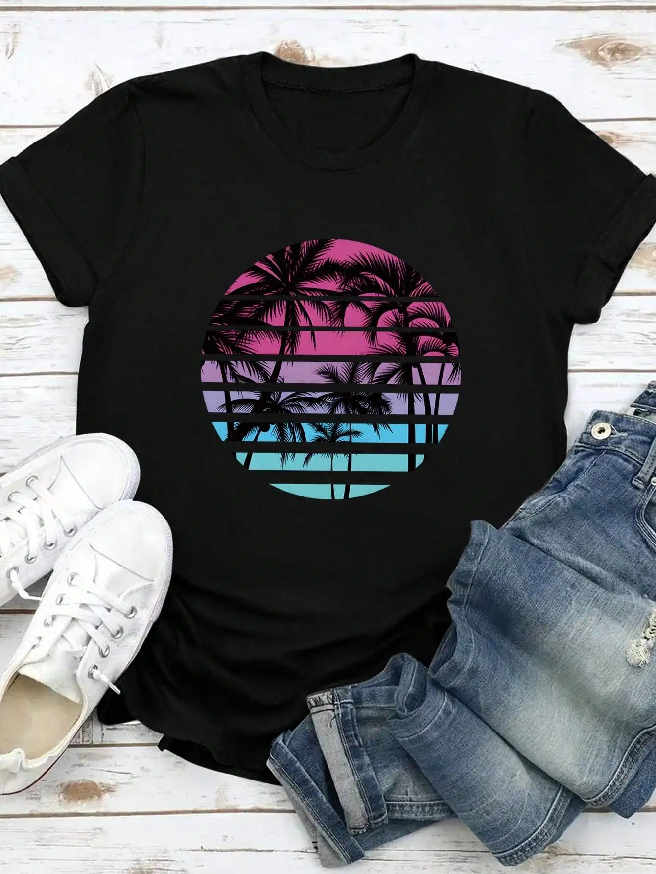 Plus size INAWLY Coconut Tree Sunset Sky Impresso Camiseta de manga curta com decote redondo Camisetas gráficas casuais Mulheres Tops