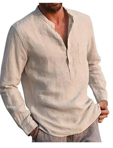 Men's V-Neck Linen Casual Loose Beach Shirt Solid Color Lapel Pullover Tops