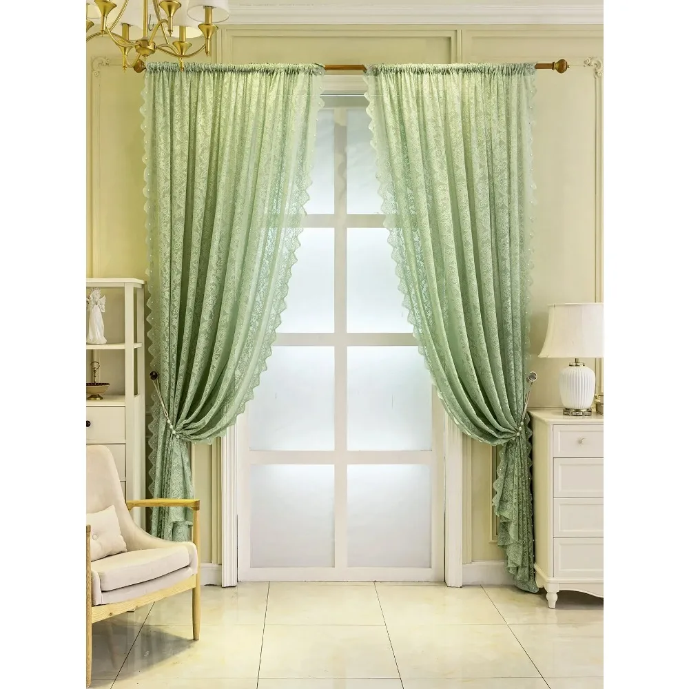 Green French Lace Semi Transparent Rod Curtains Suitable for Filtering Light in Living Room Windows Cortinas Para Ventanas
