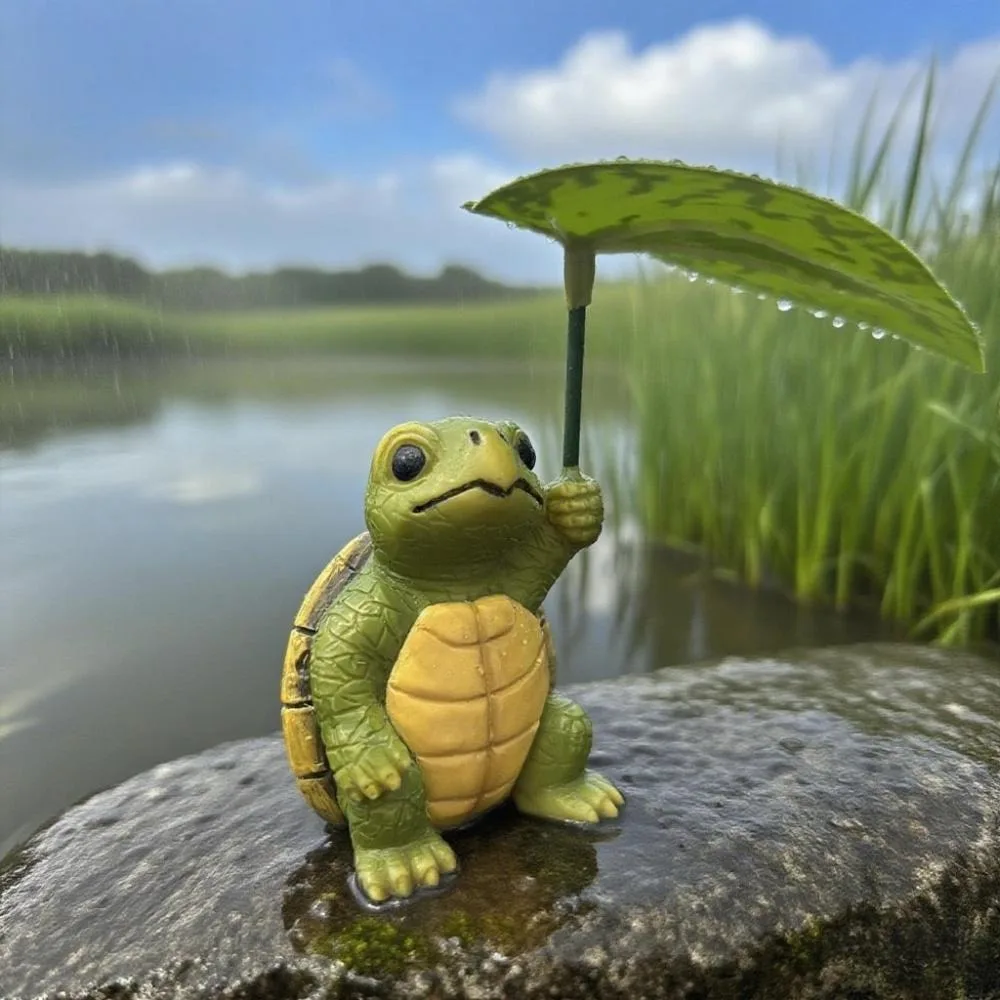 1PC Cute Turtle Figurine with Leaf Umbrella Funny Resin Small Animal Statue Desk Ornament for Office Home Decoration Accessories