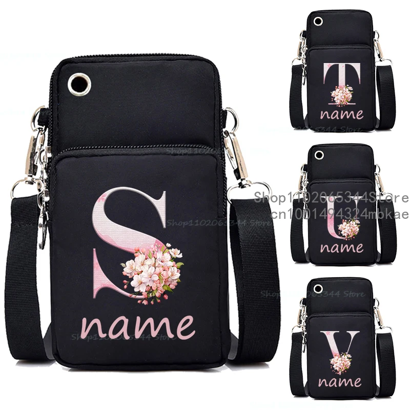 Sakura alfabet A-Z drukuj damska torba nazwa własna kwiatowy małe torby na ramię typu crossbody DIY Mini torba na telefon komórkowy