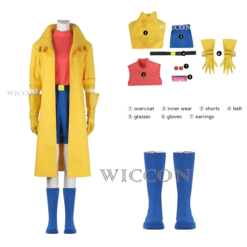 

Halloween Carnival Adult Sexy Female Anime X Police 97 Man Jubilation Lee Jubilee Cosplay Costume Yellow Trench Coat