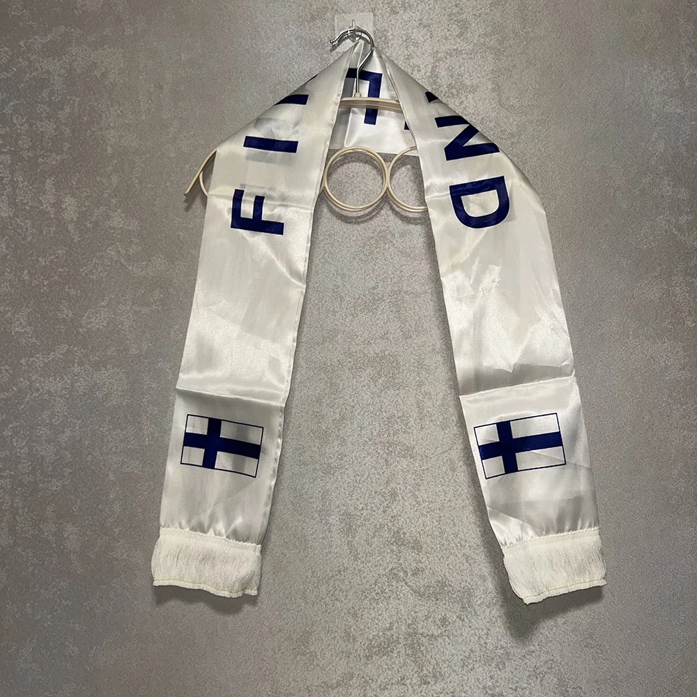 (SKY FLAG)Finland Scarf 14x135cm Double-sided printed Satin Finland Flag Scarf Tassels Suitable for Football cup, Sports, Events