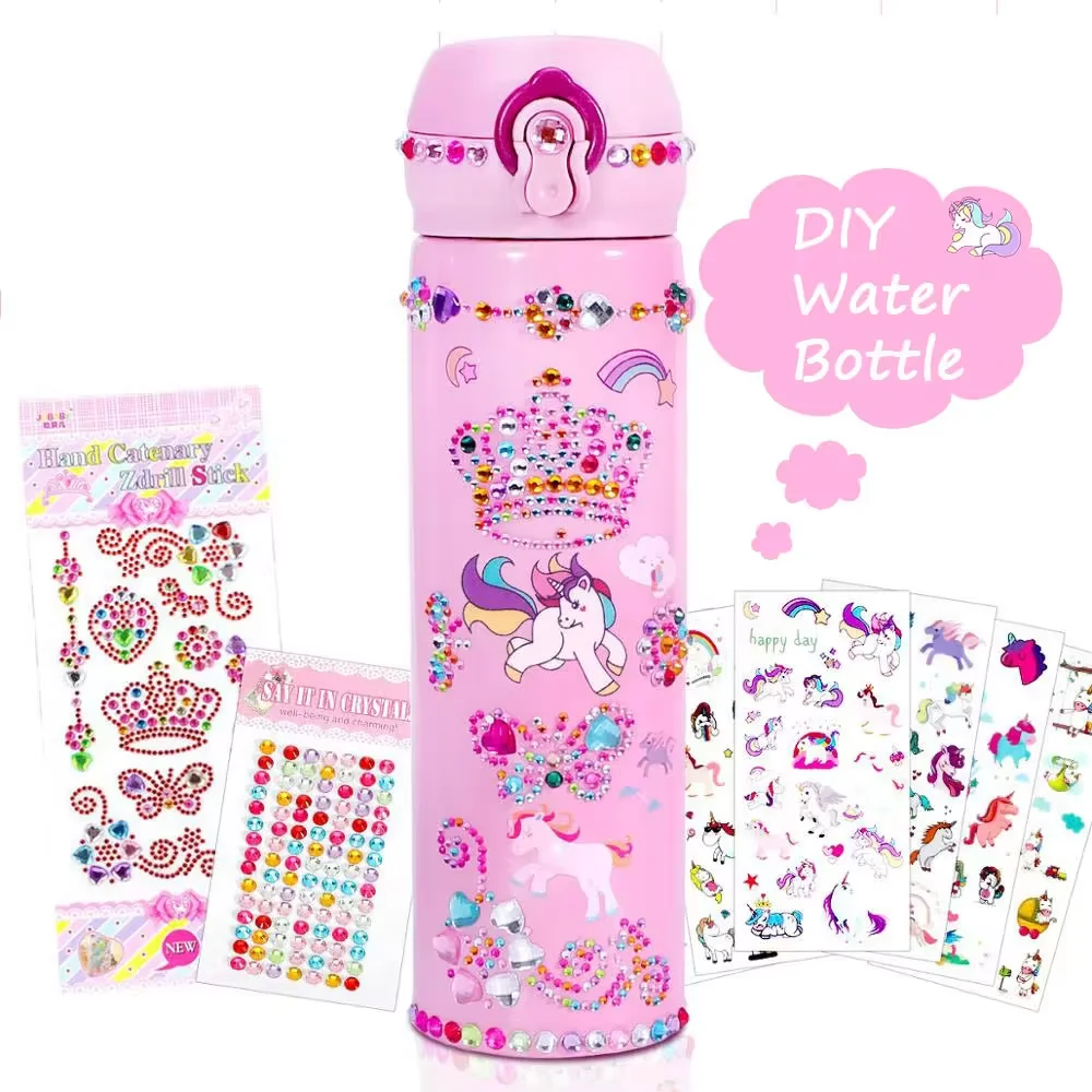 Unicorn Water Bottle for Kids Diamond Stickers Decor Make Your Own Water Bottle Stainless Steel Thermos for Daughter Children