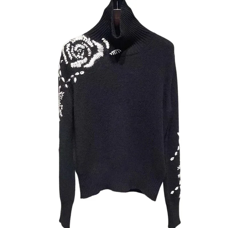 2024 Autumn Winter Turtleneck Sweater Pullover Women New Pull Femme Chic Rose Flower Embroidery Long Slevee Knitwear Tops Jumper