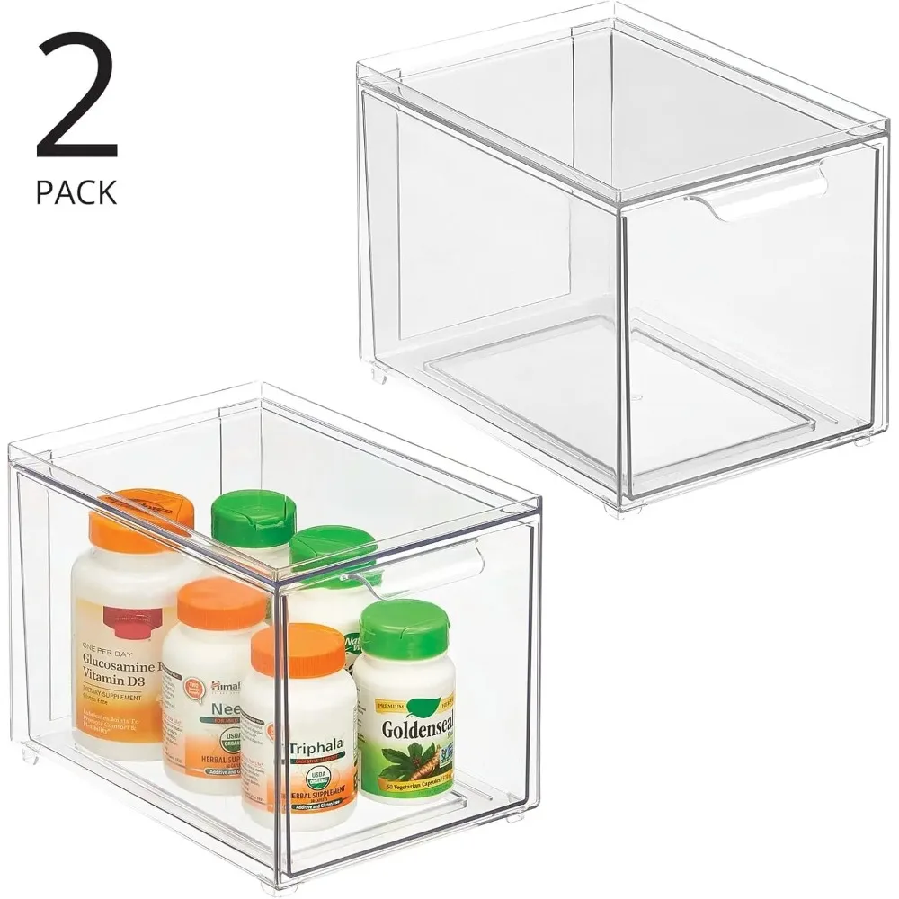 Plastic Slim Stackable Bathroom Accessories Storage Bins with Drawers - Perfect for Organizing Bathroom Cabinets - 2 Pack