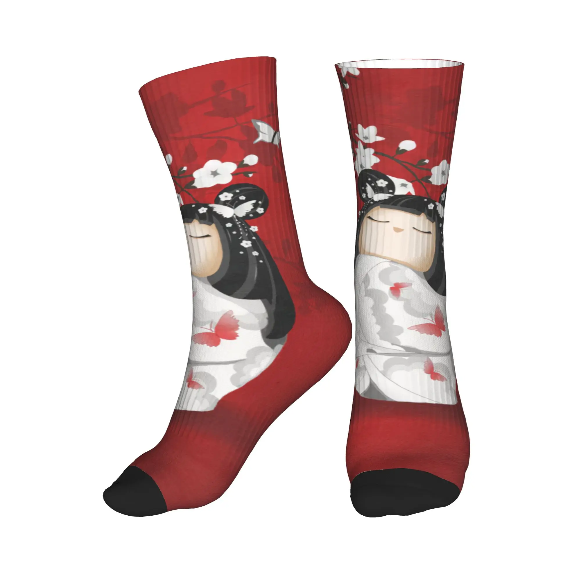 

Новые носки с принтом Kawaii Kokeshi Doll и узором «Цветы сакуры», эластичные, для лета, осени и зимы, с изображением японской гейши, художественные, укороченные