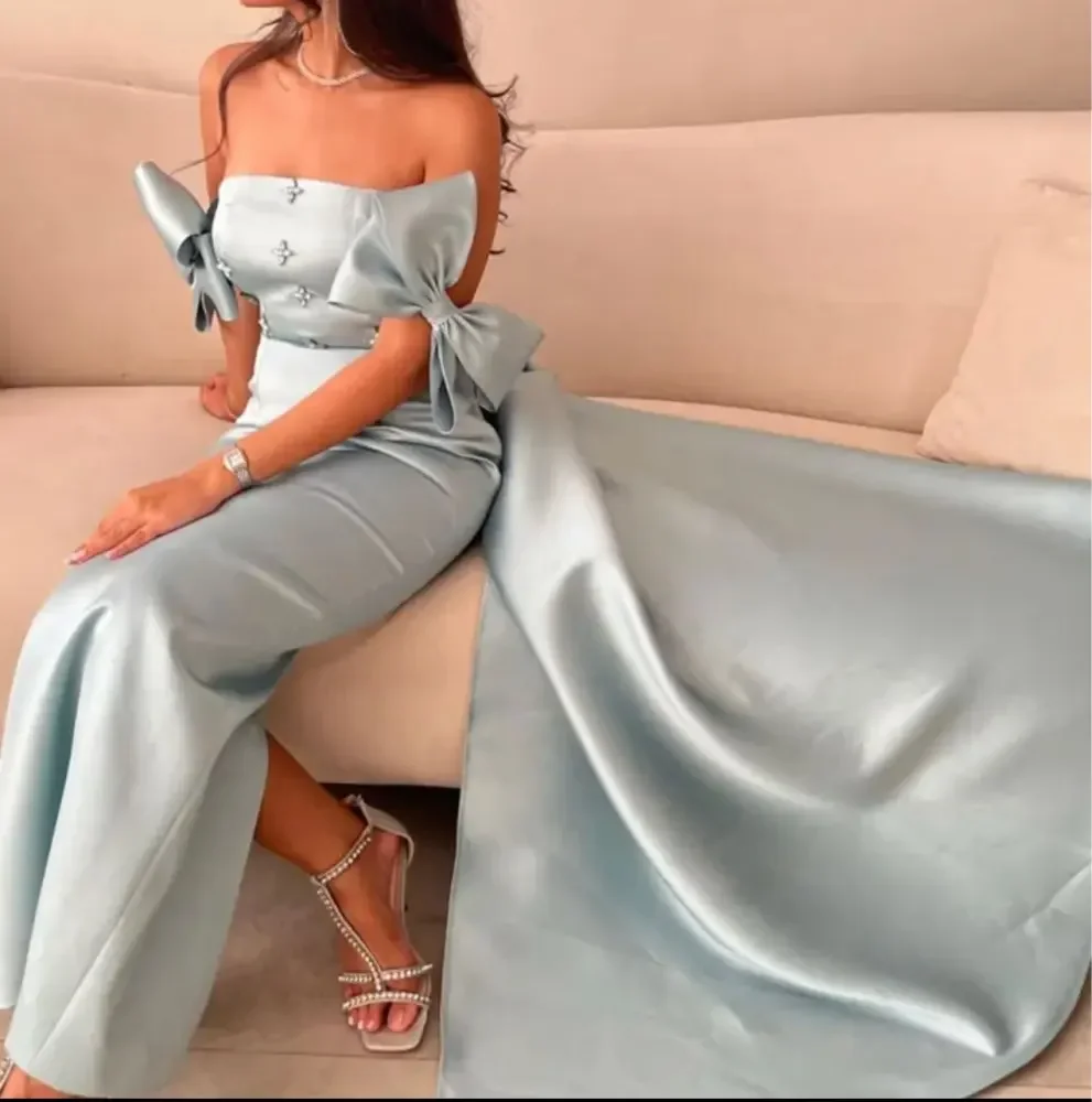 Off Shoulder Prom Dress Strapless Custom Made Sequins Beadings Blue Bow Evening Gown Formal Occasion Wedding Party Dress 2024