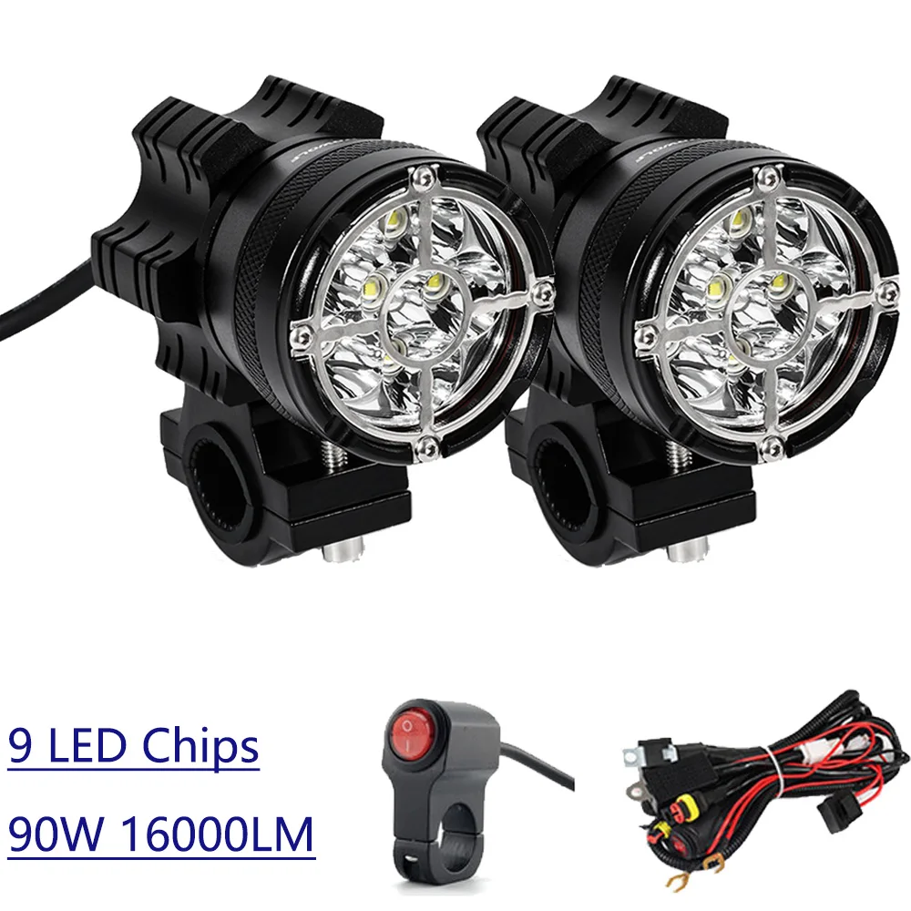 Universal Motorcycle Headlight LED 9 Chips Motorbike Spotlights 90W 16000lm Waterproof Fog Bulb Foglights Auxiliary Driving Lamp