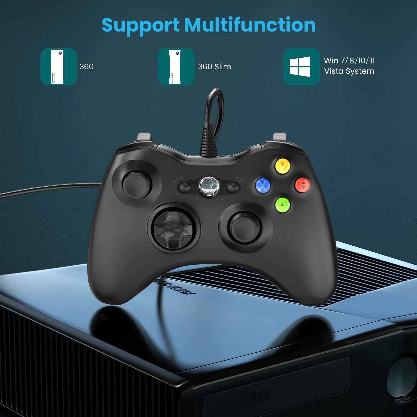 Przewodowy kontroler do gier Xbox 360 z podwójną wibracją Turbo, kompatybilny z Xbox 360/360 Slim i PC z systemem Windows, joystick — zdjęcie produktu 2