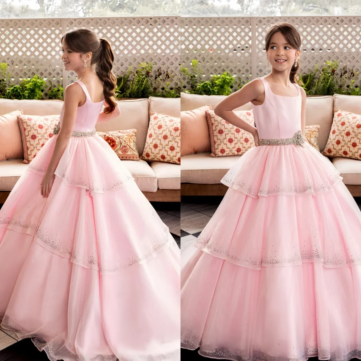 Pink Sleeveless Tutu Skirt Level Sequin Off Shoulder Flower Girl Dress for Wedding Ceremonies Celebration Dance Performances