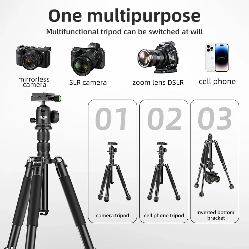 BEXIN MS27 150cm Aluminum Alloy Camera Tripod Stand Light Portable Travel Fast Flip Lock Tripod with Ball Head for DSLR Cameras