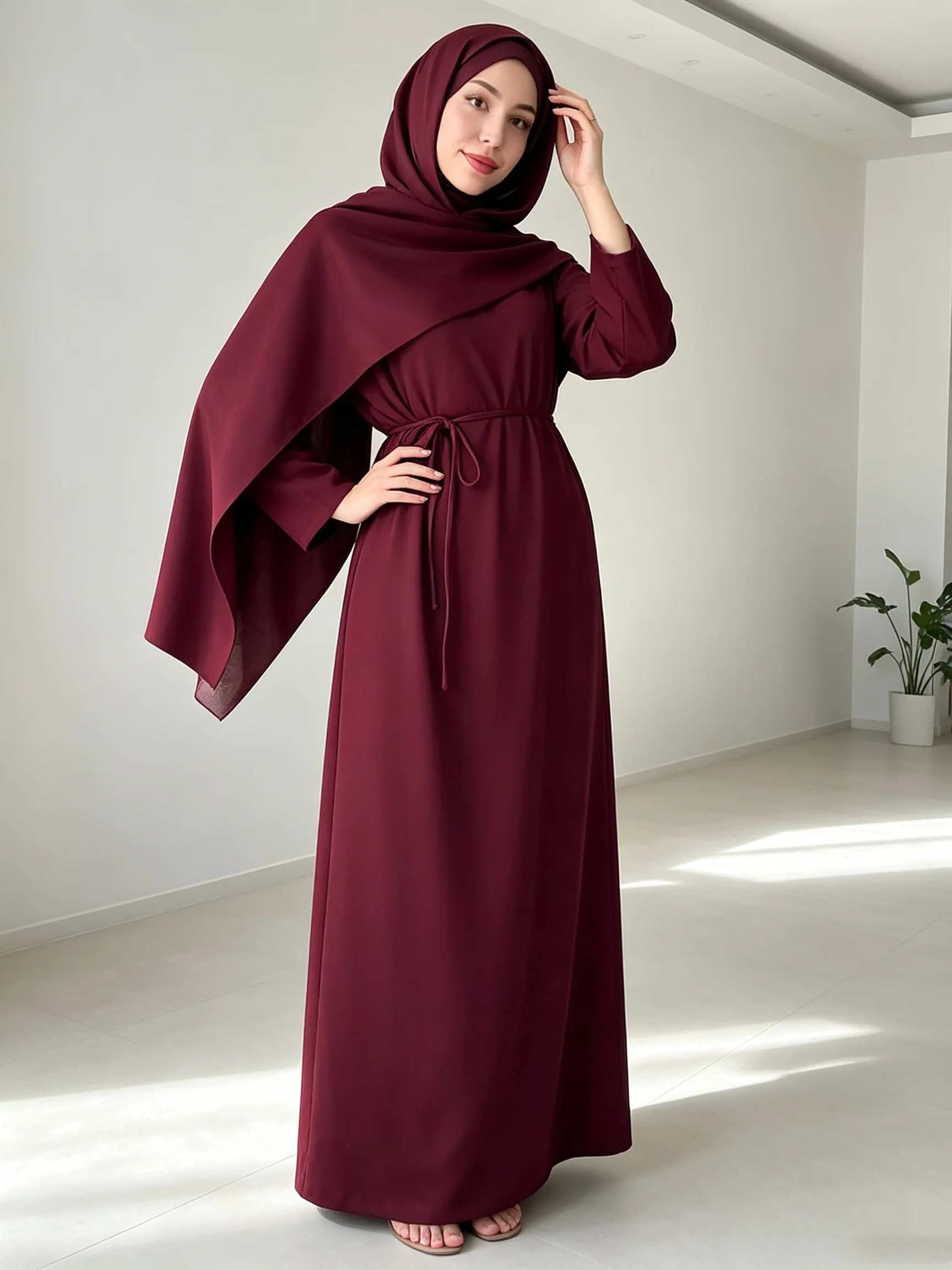 Women's Casual Elegant Long Dress Muslim Style Solid Color Long Sleeved Lace up Skirt