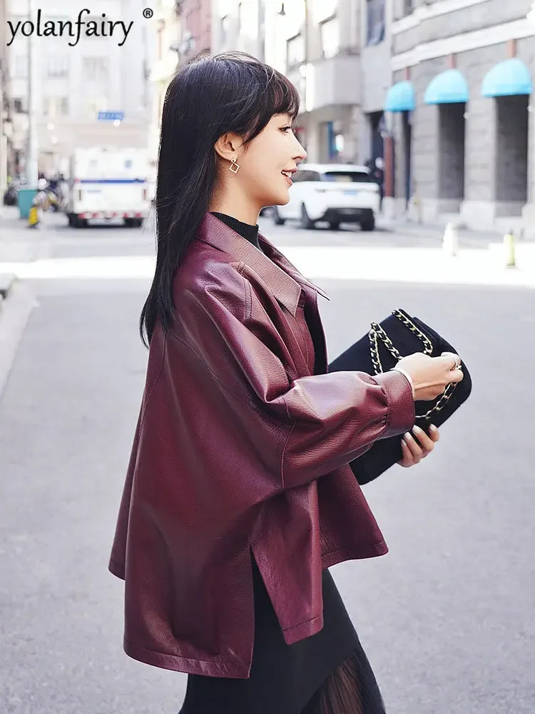YOLANFAIRY الراقية ملابس جلدية حقيقية النساء فضفاضة مقاسات كبيرة طبقة علوية معطف جلد الغنم المرأة سترة جلدية حقيقية FCY #3